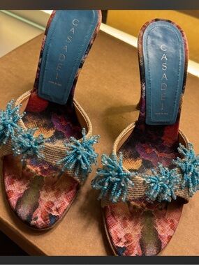 Casadei Blue Beaded Floral Slide Heels